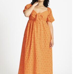 ELOQUII Firecracker Orange Eyelet 100% Cotton Tie Front Maxi Dress Plus Size 22
